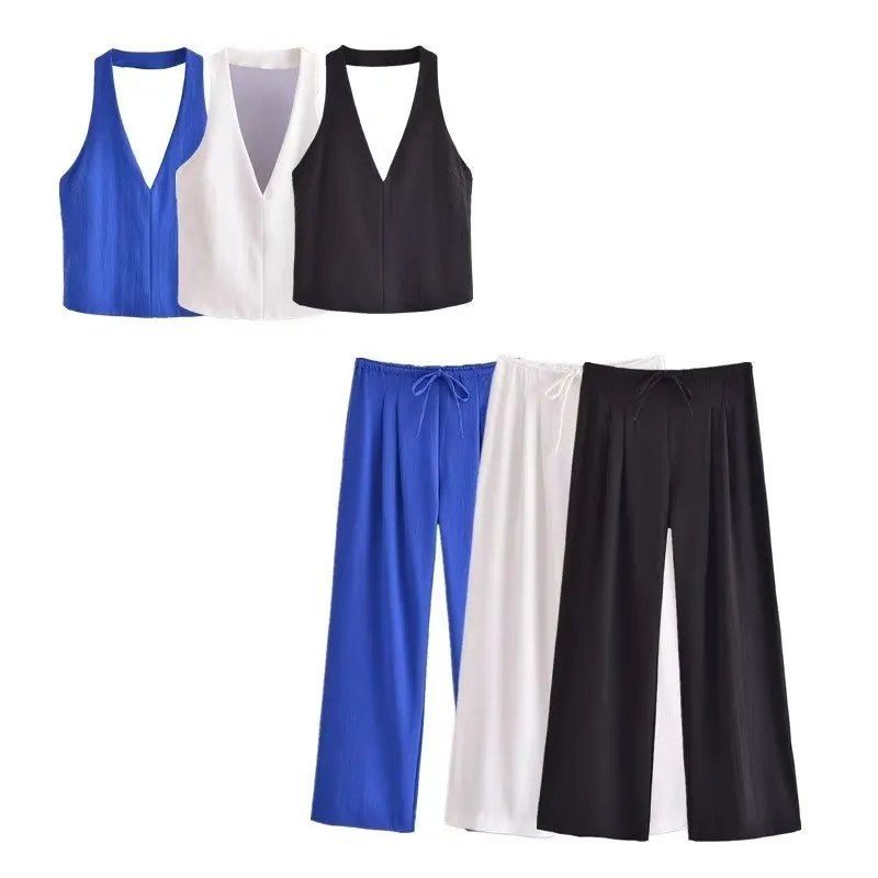 

Women 2023 New Fashion Summer 3 Colors Bow Adorn Hanging Neck Collar Tops Vintage Backless Short Female Chic Tops