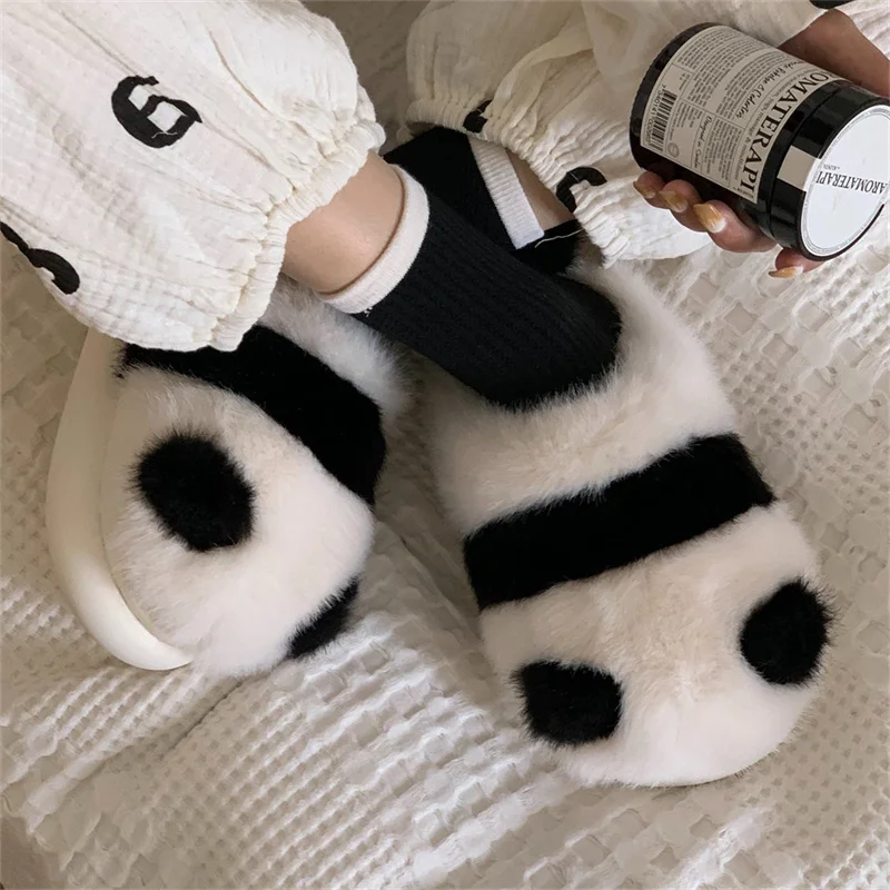 Winter Cartoon Panda Design Slippers Cotton Slip-On Women Furry Soft Sole Warm Plush Ladies' Slides Indoor Gift Memory Foam Shoe