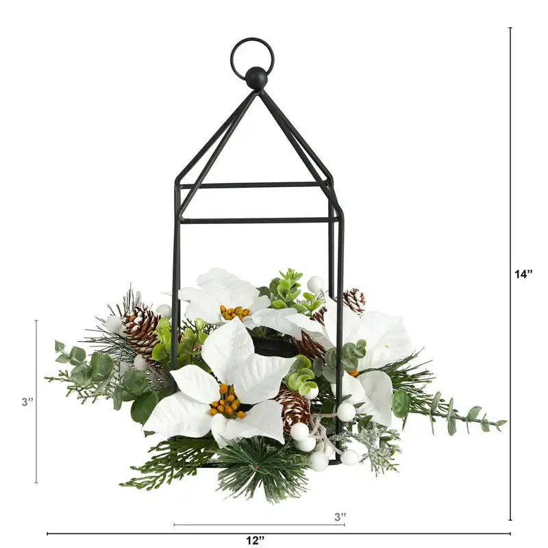 

Beautiful Holiday White Poinsettia, Berries and Pine Cone Candle Holder Artificial Flower Arrangement - Perfect Christmas Decor