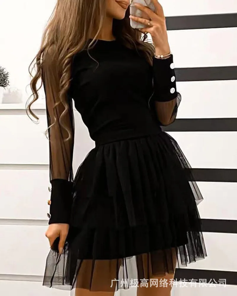 

Glitter Long Sleeve Layered Sheer Mesh Party Dress Sexy Evening Fashion Casual High Waist Women Mini Dress