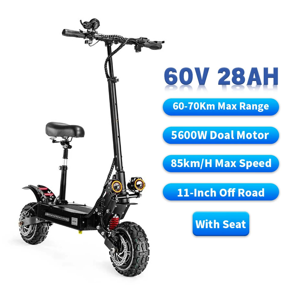 

5600W 60V 28ah Off-road Electric Scooter For Adult with Seat C-shaped 60-70KM Range Folding Waterproof Dual Motor 85km/h 11 inch