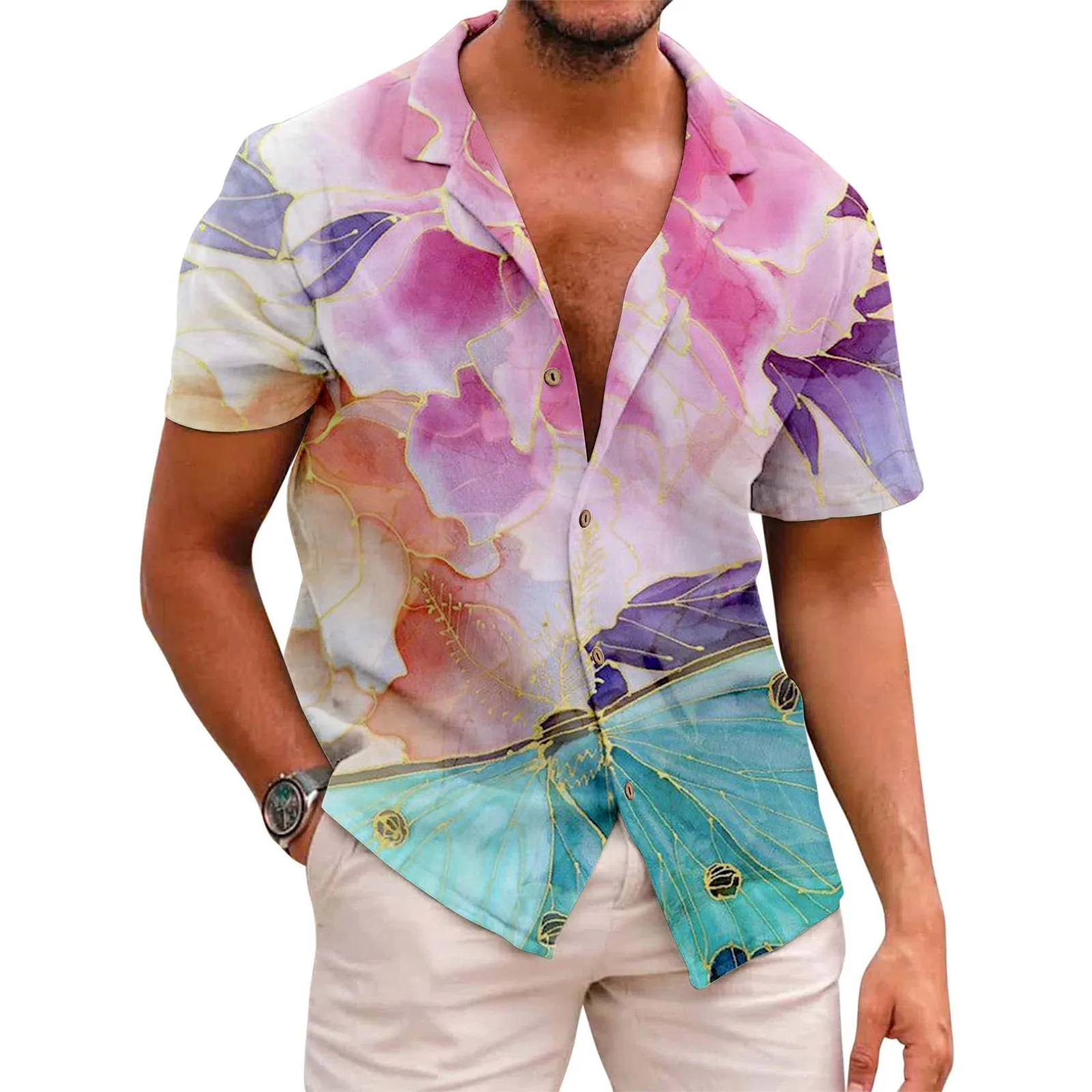 

Гавайская рубашка мужская с коротким рукавом, свободная пляжная сорочка с отложным воротником и пуговицами, с цветочным принтом, лето