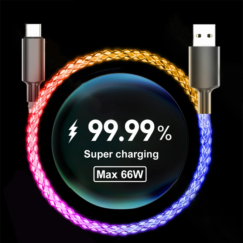 

66W USB C Cable Type C Charging Cable Lights Up LED Flowing Color Change 1M 3.28FT Cord For Samsung Galaxy S22 S21 S20 S10 S9 S8