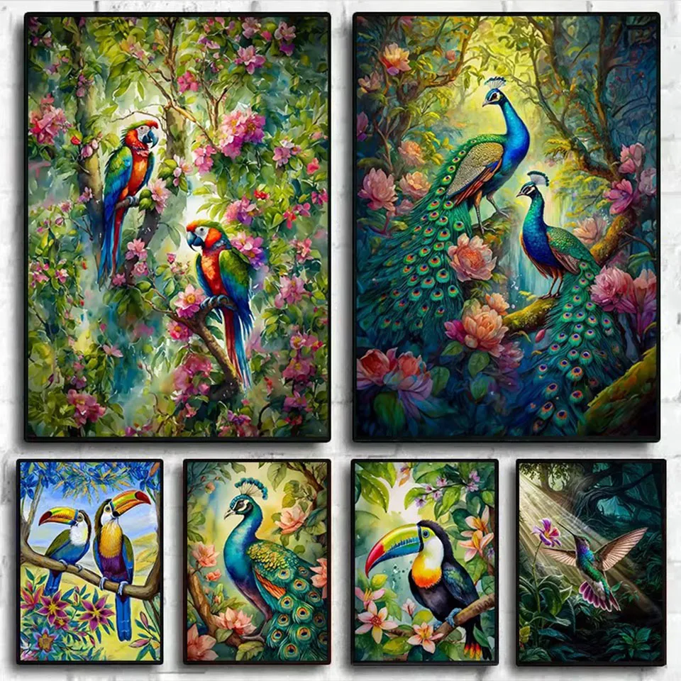 Наборы алмазной живописи сделай сам птица фэнтези попугаи павлин в джунглях