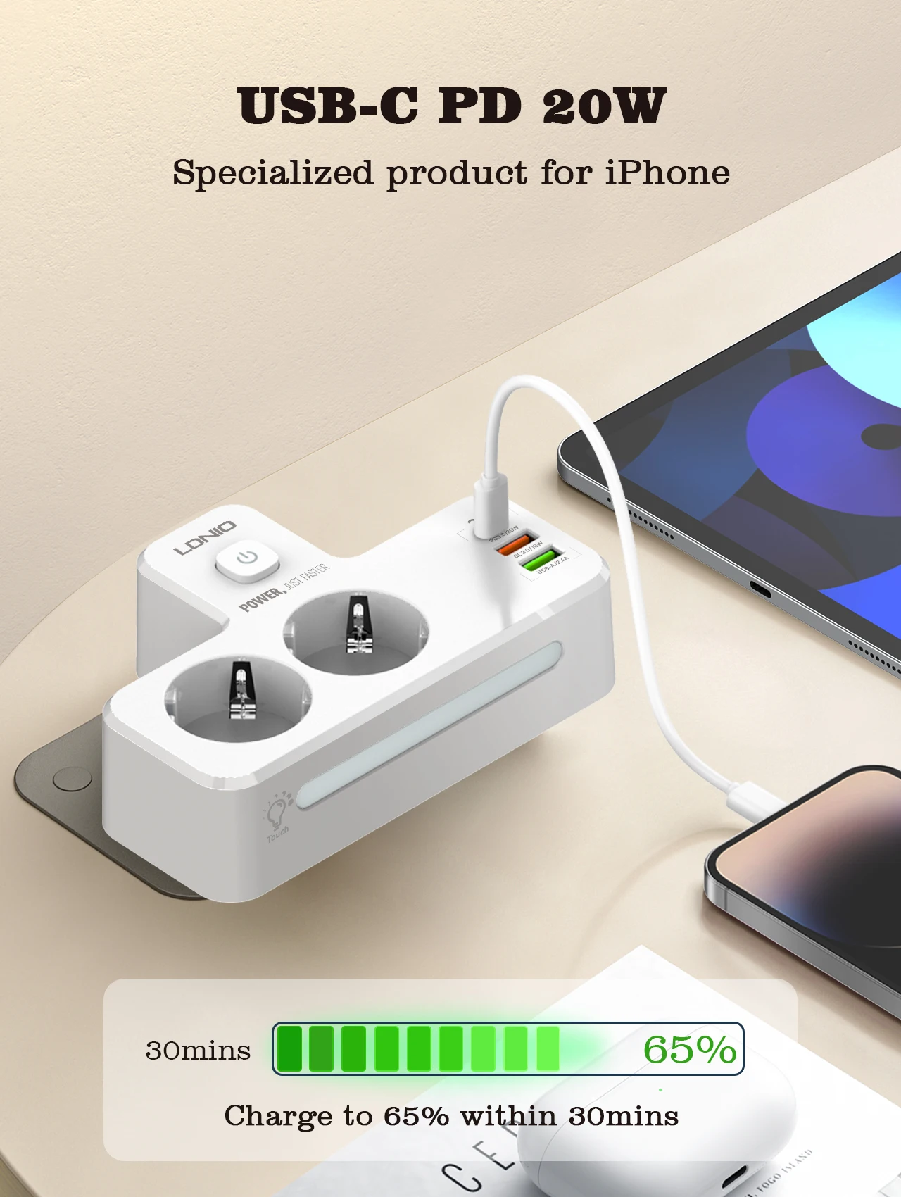 Удлинитель питания LDNIO с европейской штепсельной вилкой и адаптером PD 3 USB 2AC для