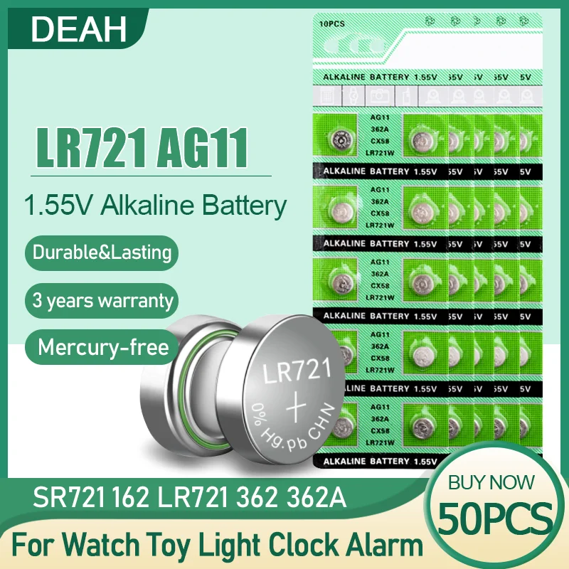 50 шт. щелочные батарейки AG11 362 LR721 SR721SW 362A L721F 162 V362 1 55 в |