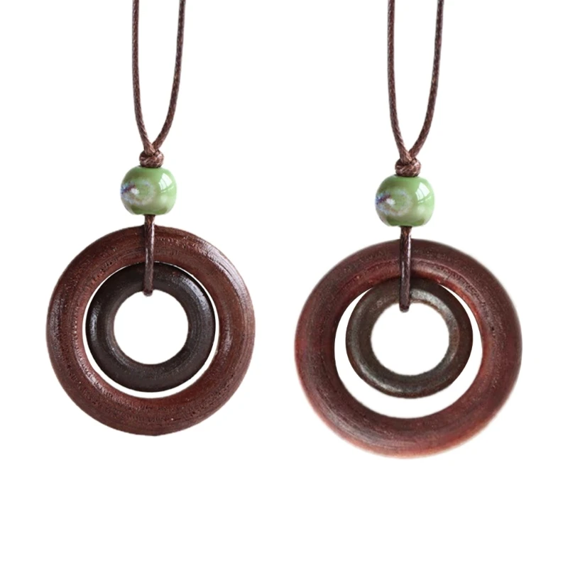 Простое деревянное круглое кольцо ожерелье винтажная длинная цепь на свитер