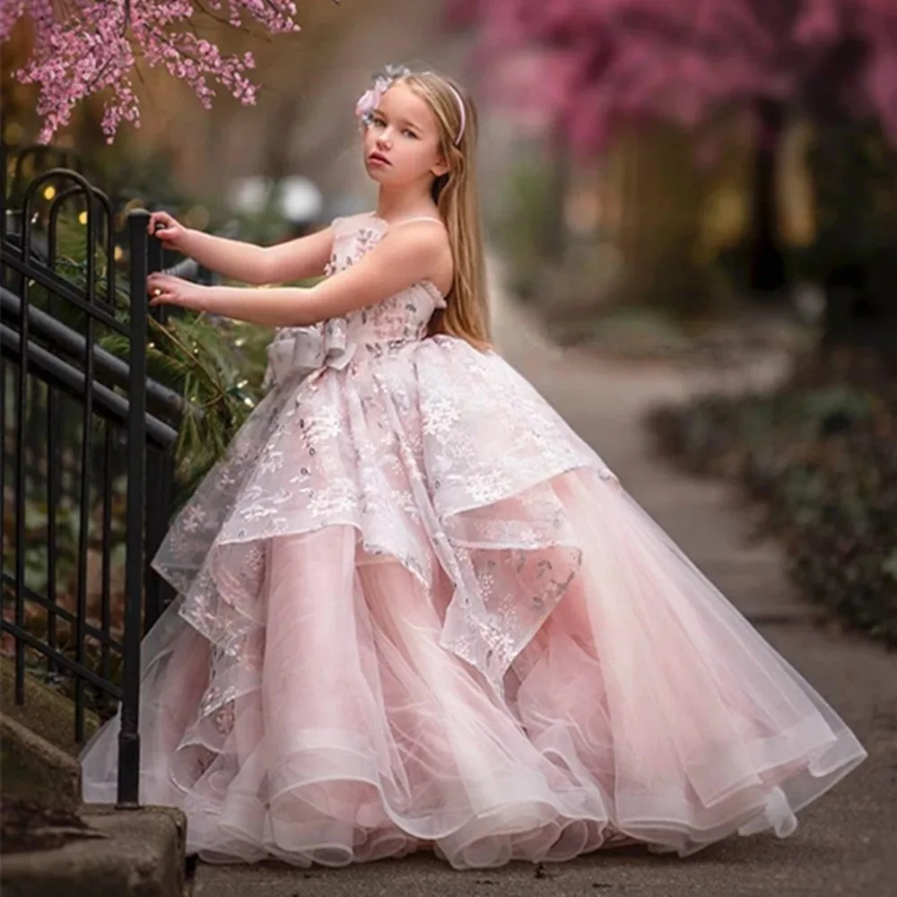 

New Pink Applique Kid Flower Girl Dress Sleeveless Birthday Party Pageant Ball Gowns Communion Dress Flower Girl Dresses
