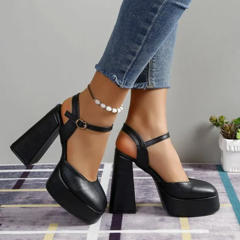 White Heels Shoes for Women Summer Fashion Square Head Buckle Mary Jane Shoes Outdoor Party Chunky Sandals Zapatos De Tacon New