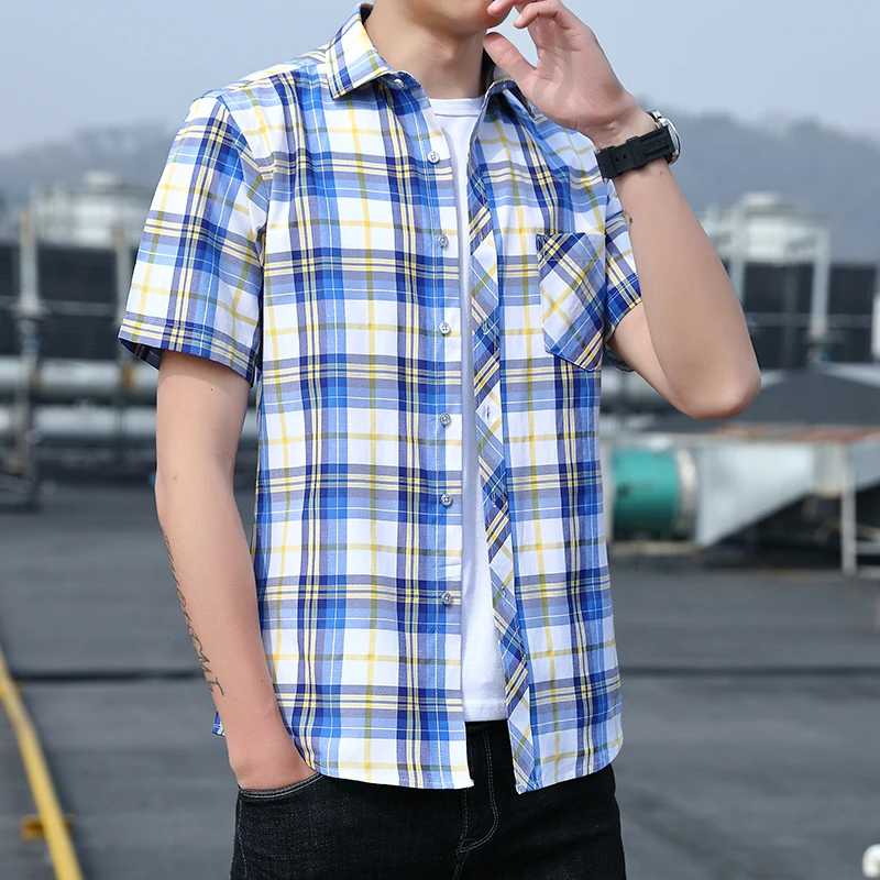 

Men Shirt Plaid Summer Short Sleeve Striped Red Dress Shirt Formal Casual Slim Fit Pocket Simple Male Standard-fit High Quality