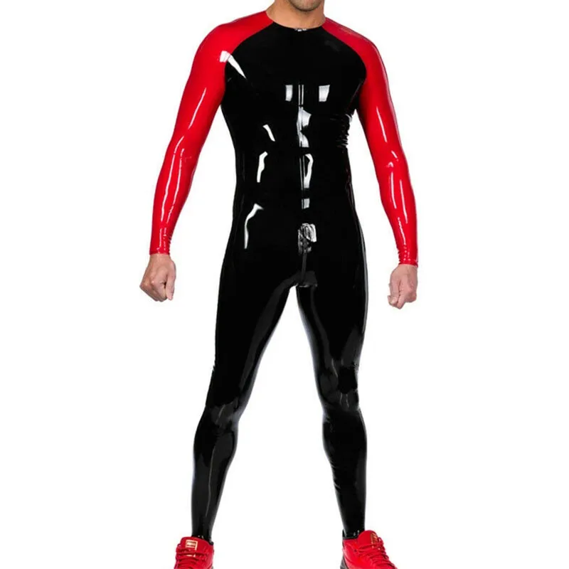 

Handmade Male Fashion Latex Catsuit Fetish Back Zip Black with Red 0.4mm Rubber Bodysuit Size XXS-XXL for Men