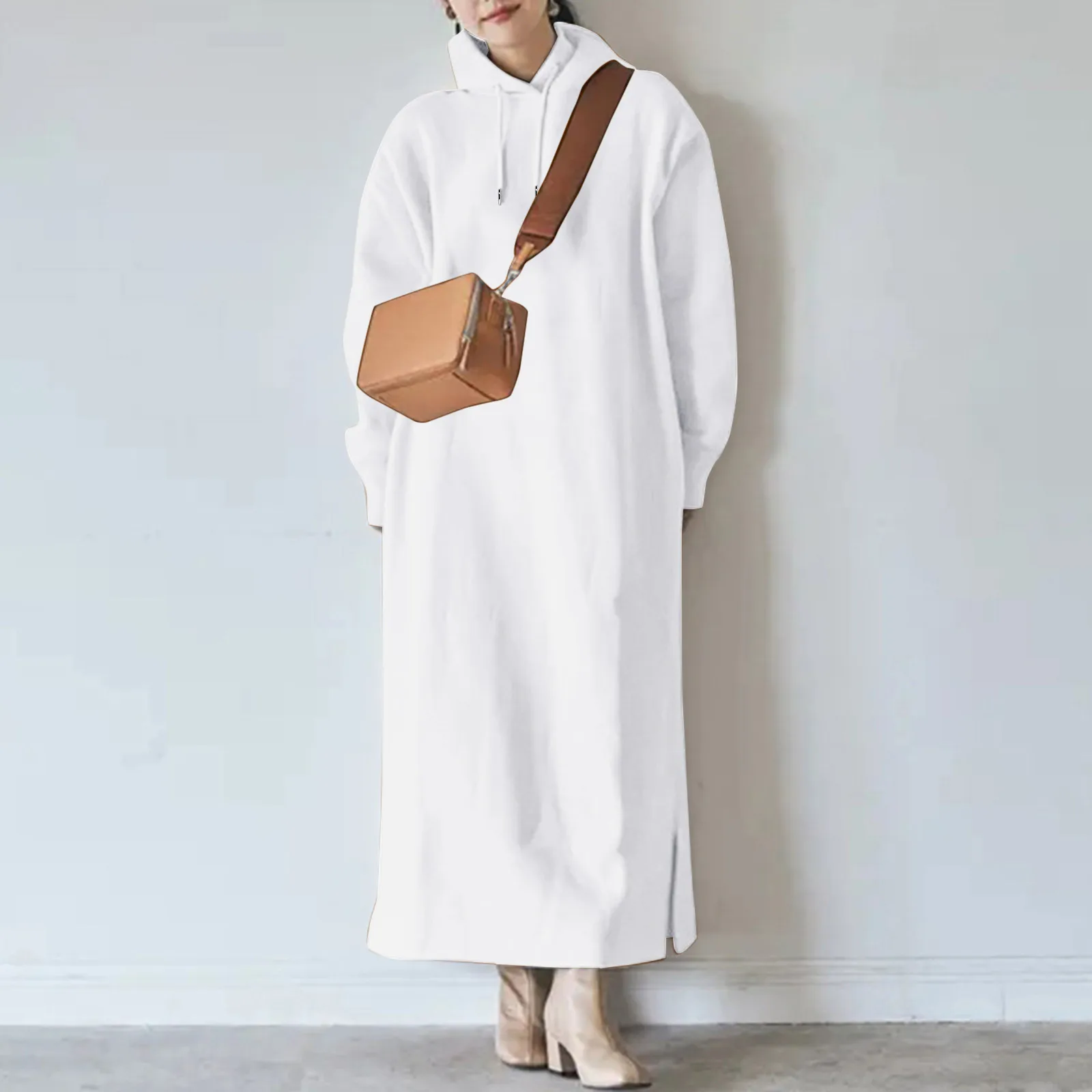 

Женское осенне-зимнее Длинное свободное платье-свитер с капюшоном и прямым карманом