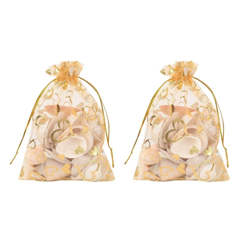 

200Pcs 9X12cm Sheer Drawstring Heart Organza Jewelry Pouches Wedding Party Christmas Favor Gift Bags (Gold)