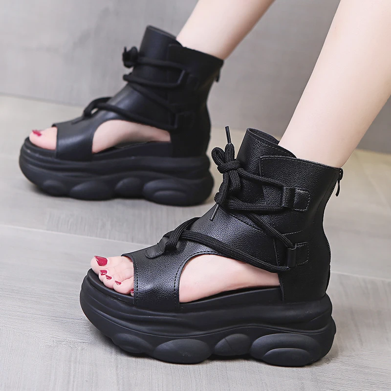 

Roman-style Comfortable Sloping Heels for Women with High Toe Layer of Cowhile-leather Retro Chunky Rocking Sandals Fashion Shoe