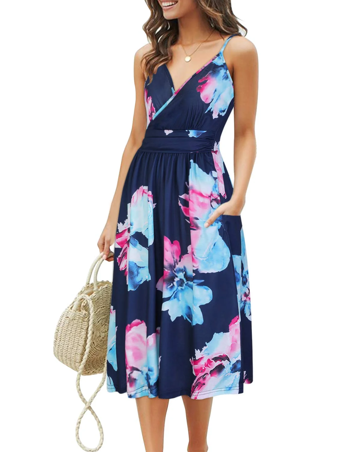 

Женское летнее короткое праздничное платье OUGES на бретелях-спагетти с V-образным вырезом и цветочным принтом с карманами