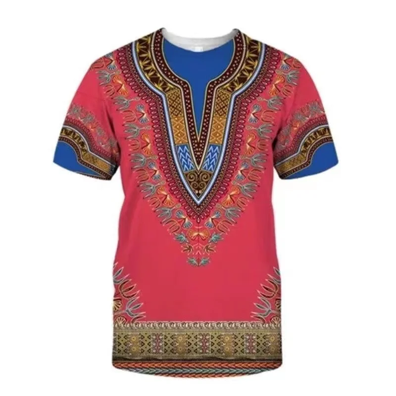 

Ethnic Style Retro Men and Women Models Colorful Non-Fading Short Sleeve Round Neck Print Sweat Absorption Quick Dry Breathable