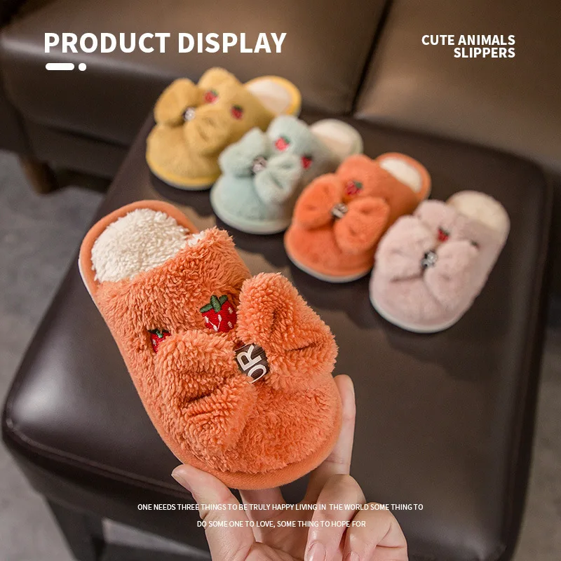 

2023 Winter Baby Cotton Slippers for Kids Girls Bow Princess Shoes Home Slippers Flat Bottom Plush Children Cartoon Shoes