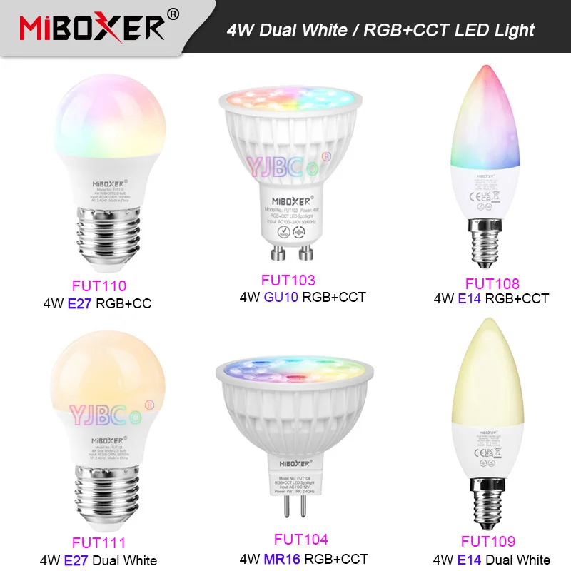 

10pcs Miboxer 4W Dual White/RGB CCT Smart LED Light Bulb E27 GU10 MR16 E14 Spotlight Lamp 2.4G RF Remote control 110V-220V 12V