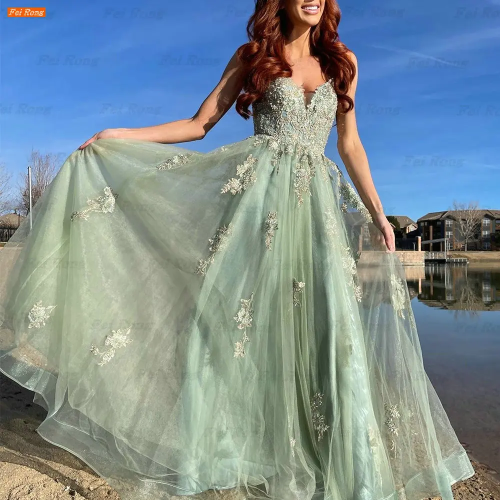 

Light Green V Neck Sleeveless A Line Prom Dresses Lace Appliqués Tulle Boho Robes De Soirée E Femme Women Party Dress Vestidos