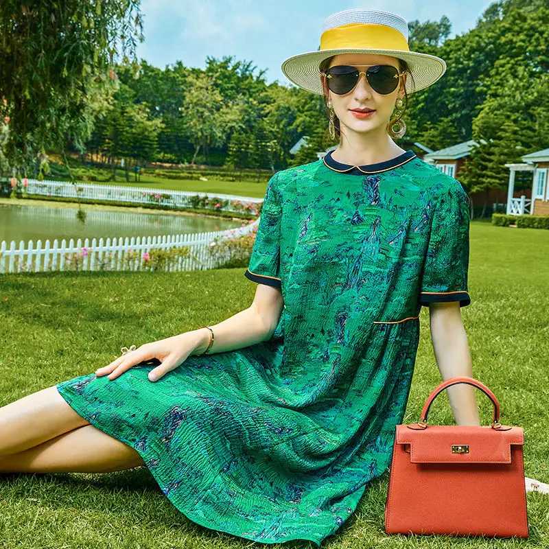 Тяжелое шелковое платье для женщин лето 2022 тонкая юбка с чернильным принтом