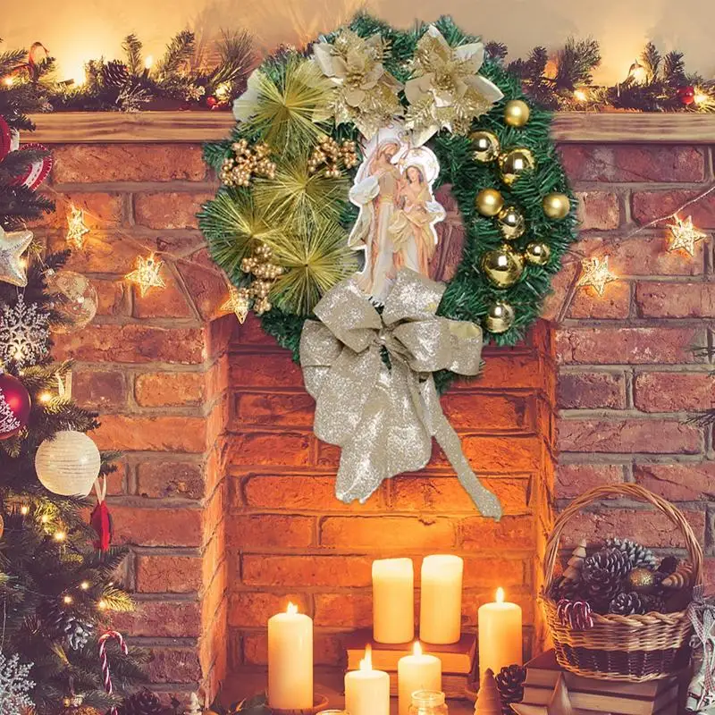 

Christmas Wreath Door Hanging Decora Scene Layout Props with Jesus Golden Bows Bells Balls Flowers Green Pine Tree Branches