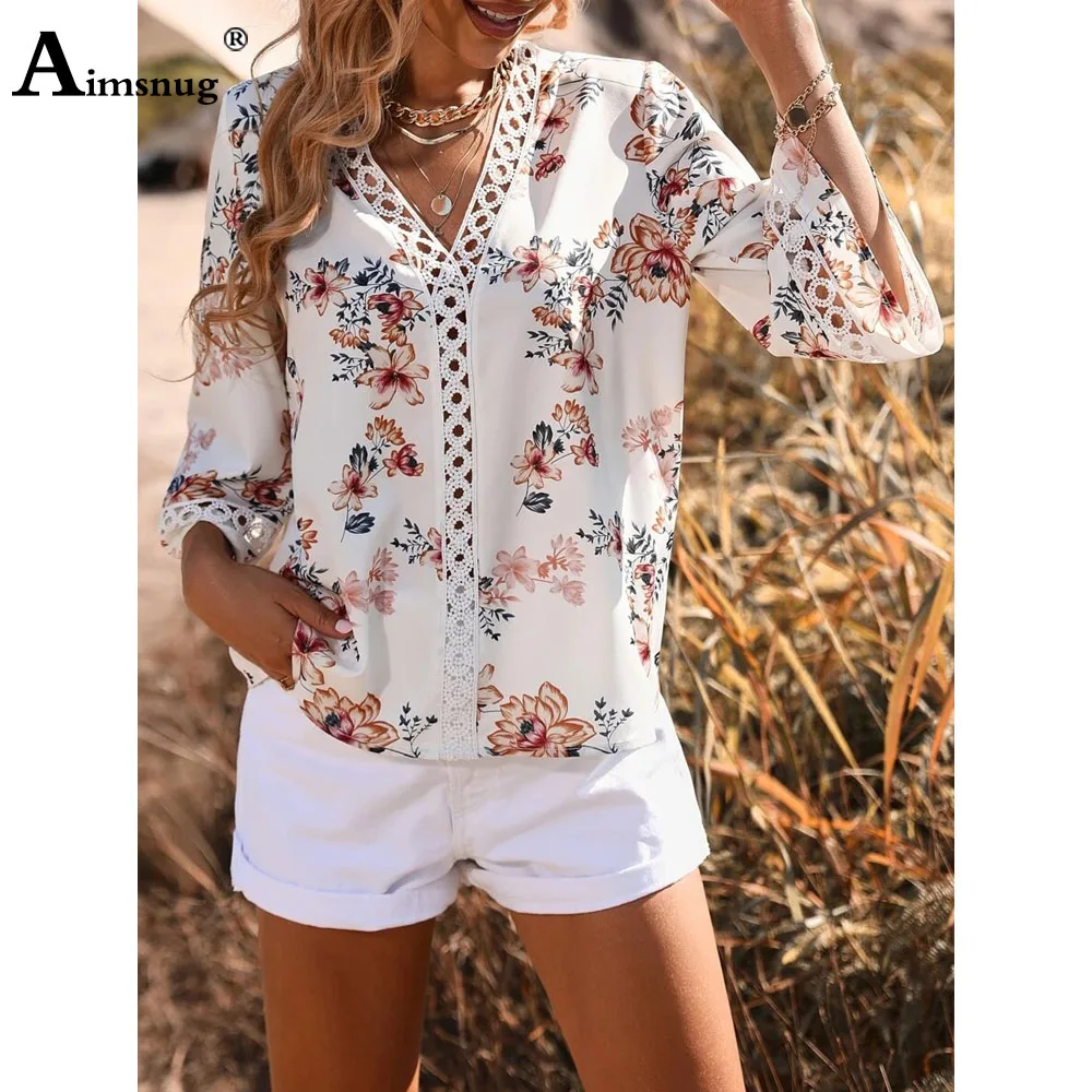 Women Latest Casual Spliced Lace Shirt V-neck Blouse Three Quarter Sleeve Chiffon Top Bohemian Flower Print blusas Clothing 2022