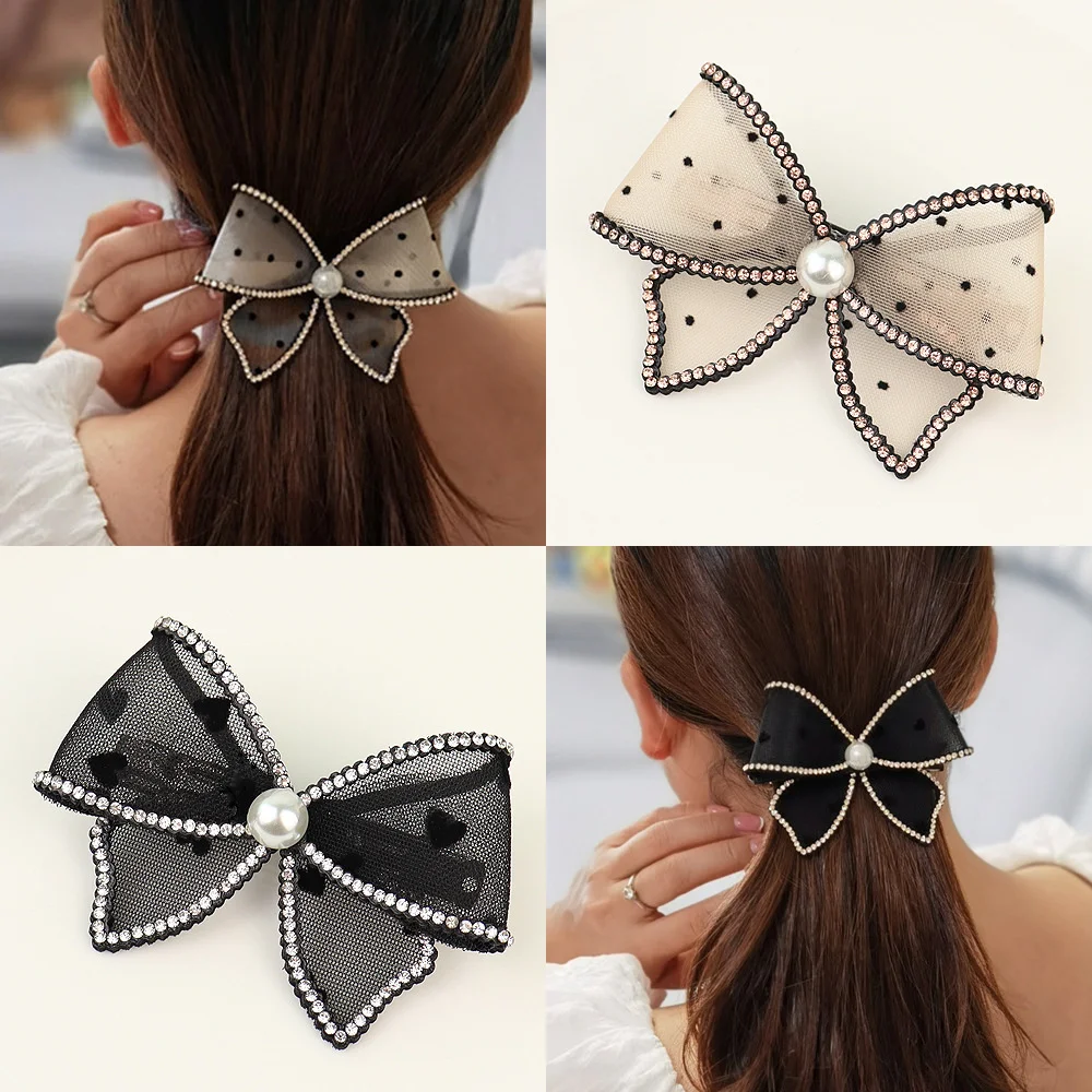 

2022 Korean Temperament Rhinestone Pearl Lace Bow Hairpin For Woman Transparent Dot Hair Clips Barrettes Fashion Accessories