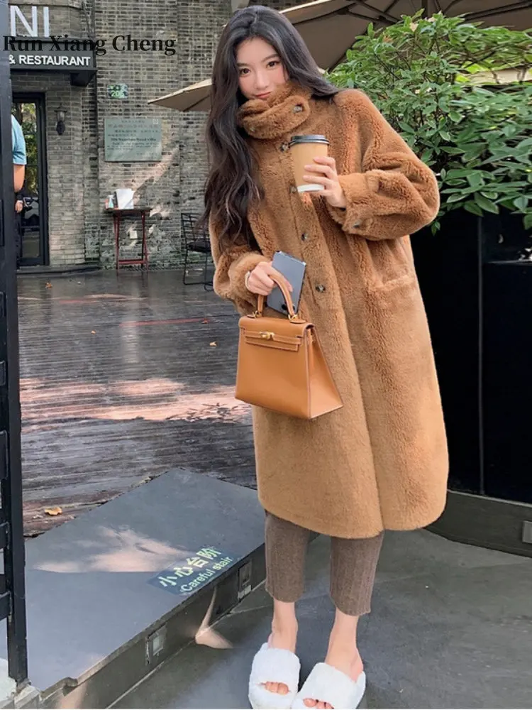 Women's Winter Lambhair Jacket 2023 New Fur Plush Coat Elegant Women's Lamb Fur Luxury Designer Mid-length Stand Up Collar Thick