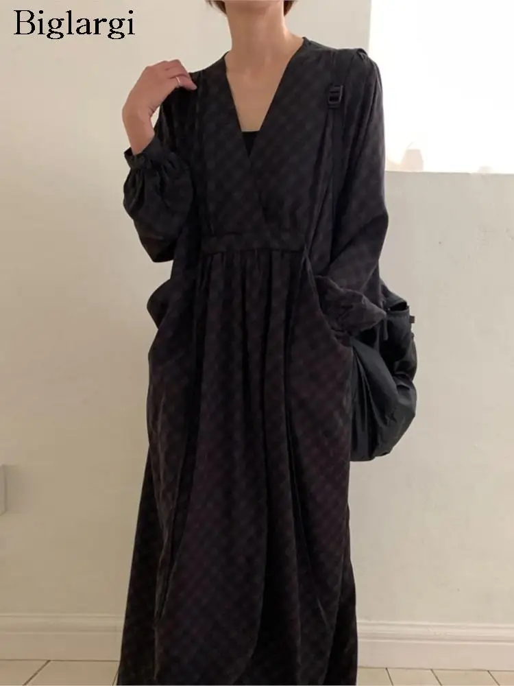 

Осеннее длинное платье-пуловер с V-образным вырезом, женские платья свободного кроя в Корейском стиле с клетчатым принтом, модное Плиссированное женское платье с длинным рукавом, 2023