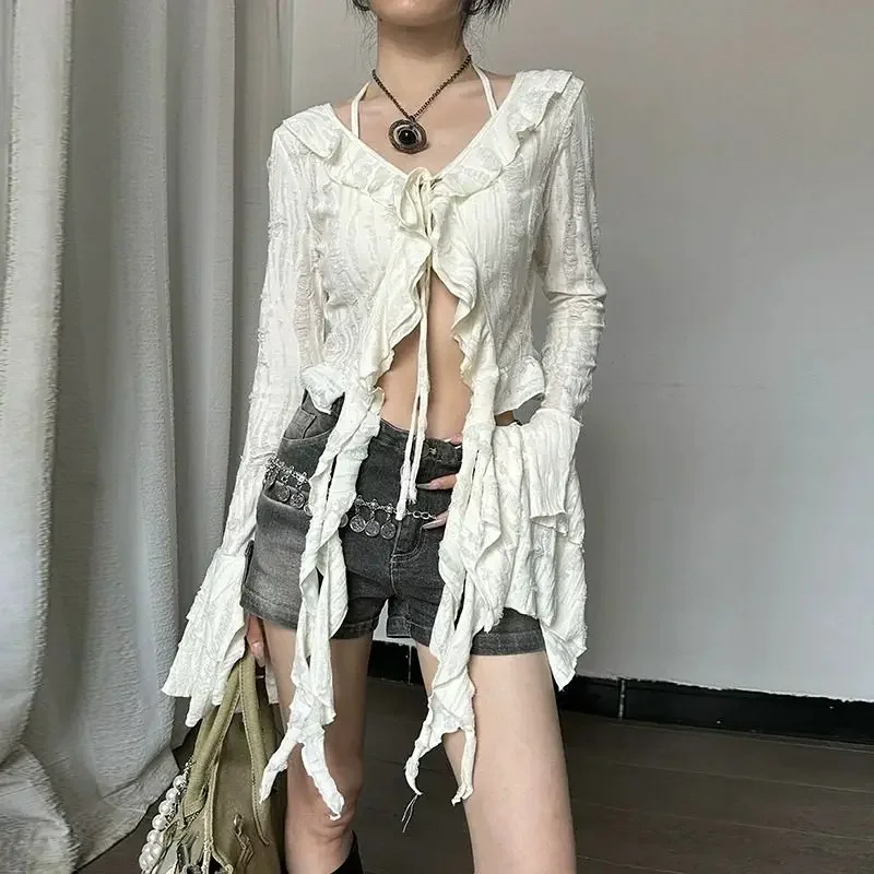 Y2K ажурные женские блузки корейские элегантные топы с расклешенными рукавами и