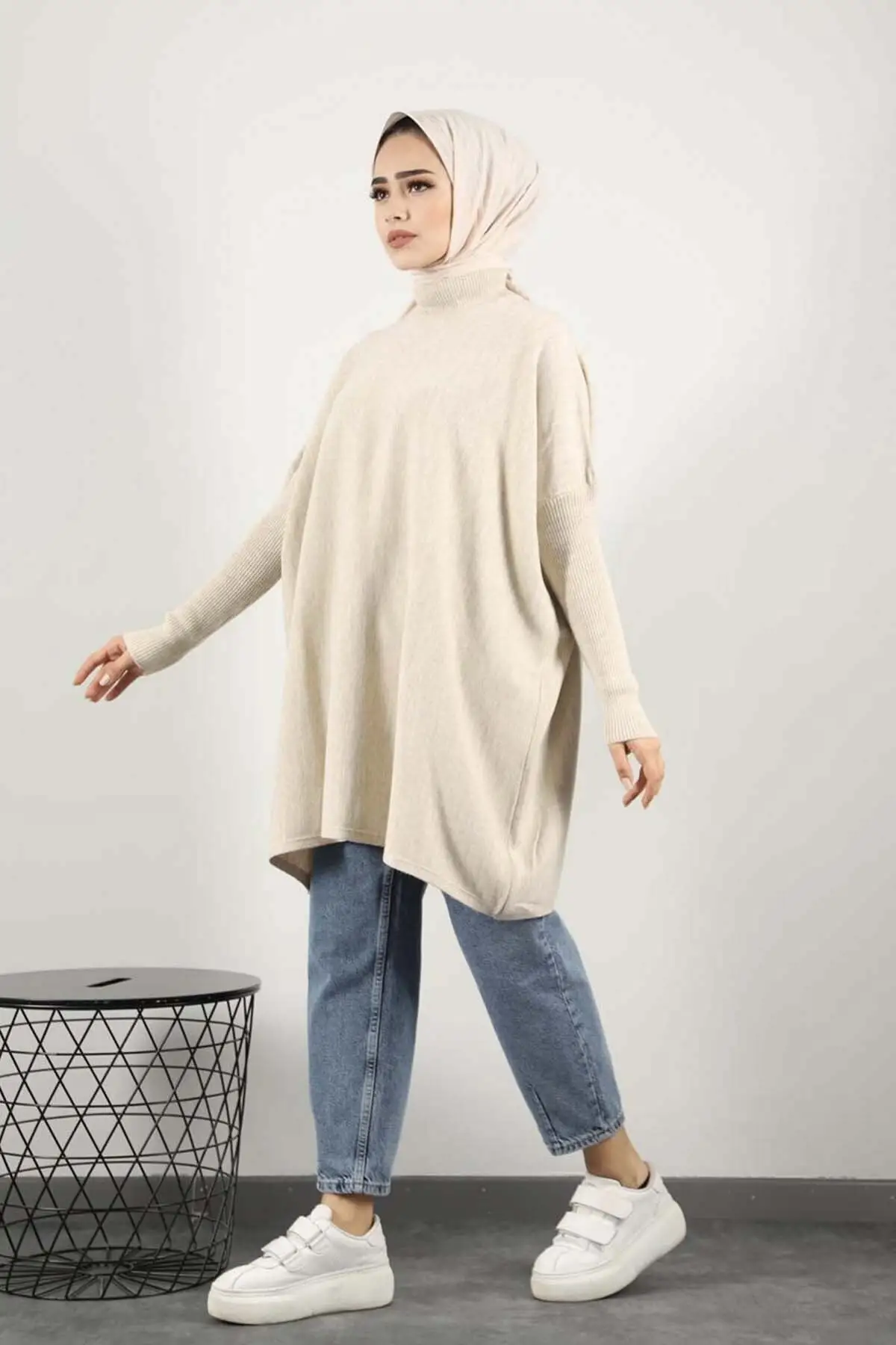 Women's Cream Color Half Turtleneck Knitwear Panço Pullover Tunic Long Straight Beige Hijab Blouse & Clothing