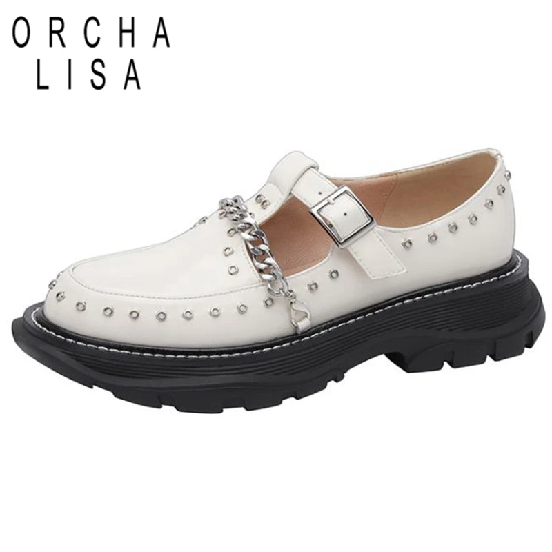 

ORCHALISA Lady Platform Shoes Pumps Patent Leather Buckle Strap Round Toe Thick Heels Size 34-42 Chains Black Beige Spring S3003