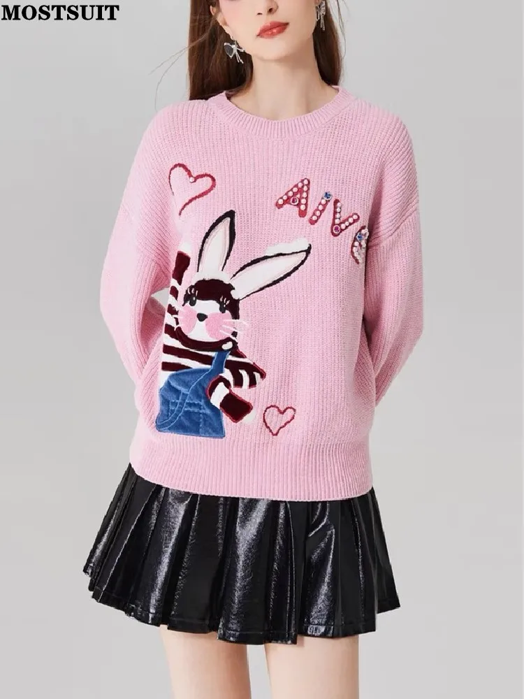 

Pink Rabbit Letters Beaded Sweater Pullover Women 2024 Spring Long Sleeve O-neck Jumper Tops Sweet Fashion Casual Loose Knitwear