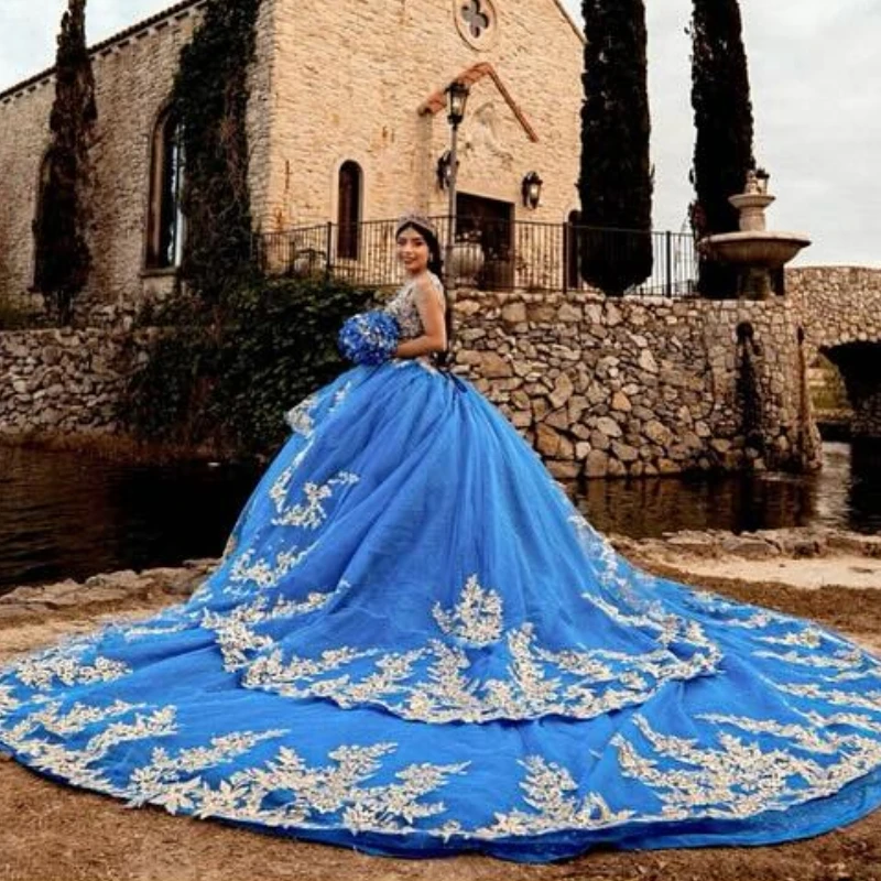 Королевское синее блестящее бальное платье Quinceanera Платья с открытыми плечами и