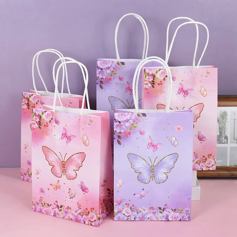 

5Pcs Pink Butterfly Gifts Bags Princess Crown Candy Gift Packing Paper Bags For Girls Birthday Wedding Party Baby Shower Decor