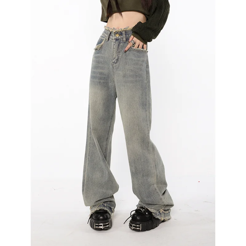 

High Waist Straight Tube Washed Jeans Women's Vintage Raw Edge Baggy Denim Pants Streetwear American Style Wide Leg Trouser