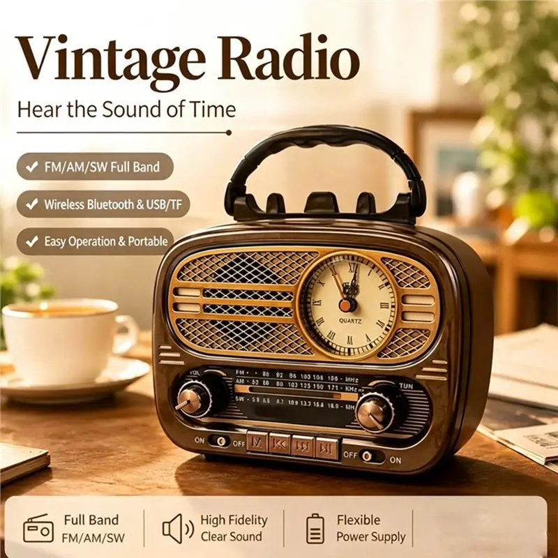Фото B04B-Полнодиапазонное FM AM SW радио, портативное классическое винтажное радио, ретро-часы с указателем, Bluetooth-колонка, музыкальный плеер с поддержкой TF и USB. №5