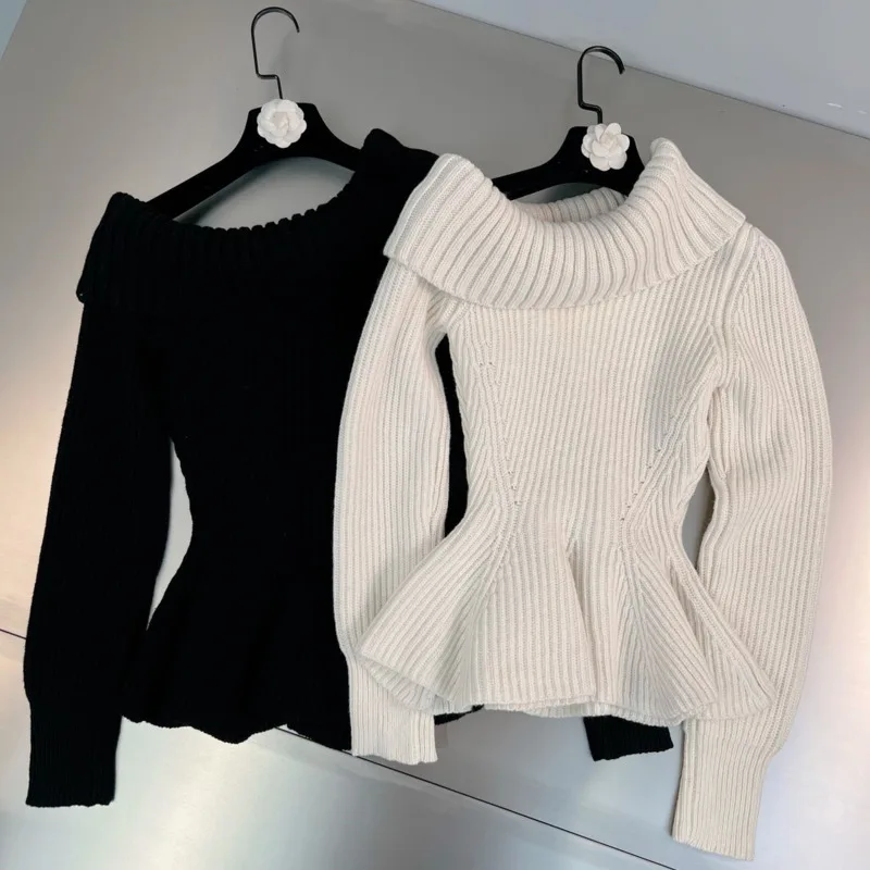

2022 Autumn Winter Long Sleeve Slash Neck Slim Waist Ruffles Knitted Pullovers Women Sweater GM216