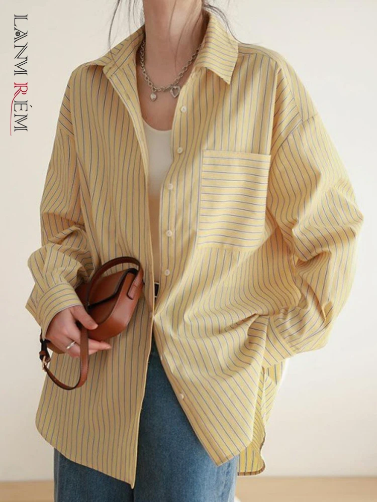 

LANMREM Casual Striped Shirt For Women Lapel Single Breasted Long Sleeves Spliced Tops Female Clothing 2023 Autumn New 2YA3905