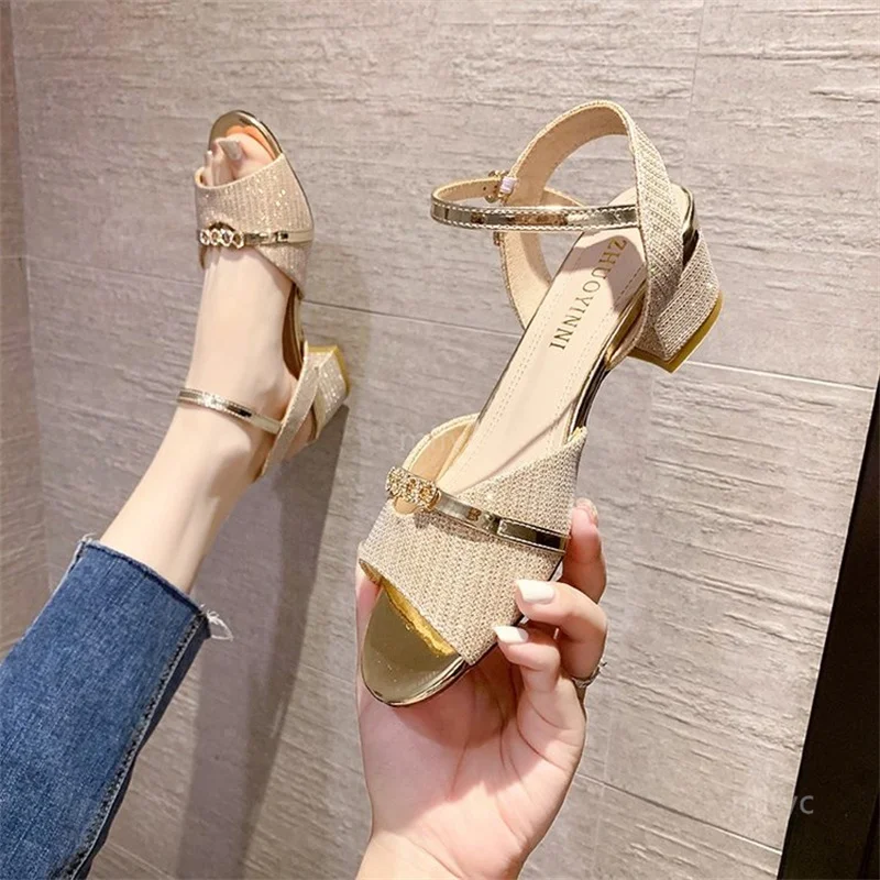 

Сандалии женские на высоком каблуке, Босоножки с открытым носком, туфли на толстом каблуке, с пряжкой, открытый носок, весна-лето 2021