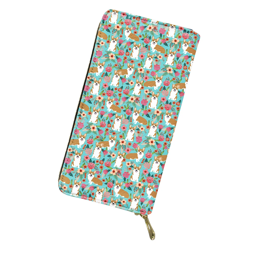 Cartoon Corgi Floral Print Long Wallets Kawaii Zipper Girls Clutch Bag Teenager Shopping Card Case Cover Portomonee Decoration