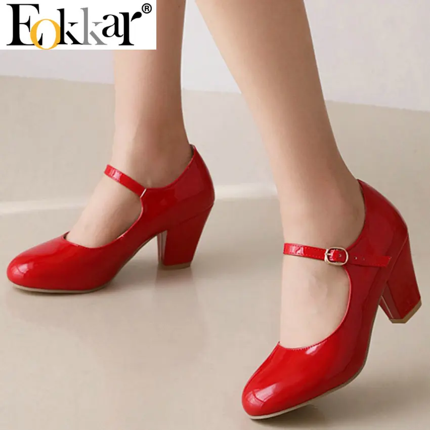 Eokkar Patent Leather Mary Janes Shoes High Heels Women Chunky Block Heel Pumps Buckle Closed Toe Square Toe Pumps Plush Size