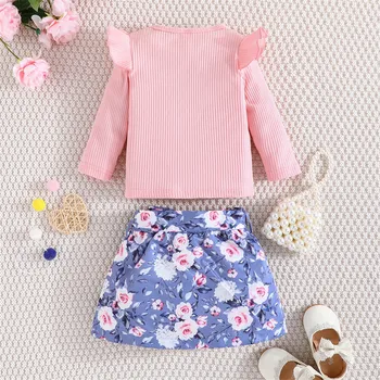 2Pcs Floral Dree Set Baby Girls Ribbed Outfits Long Sleeve T Shirt Tops Flowers Prints Bow Tie Skirt Outfit conjuntos para niños 1