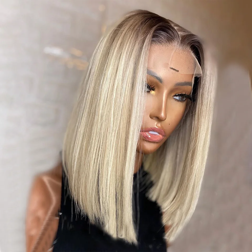 

Soft Preplucked Glueless Short Bob Silky Straight 180% Density Lace Front Wig For Black Women Babyhair Ombre Blonde 613 Daily