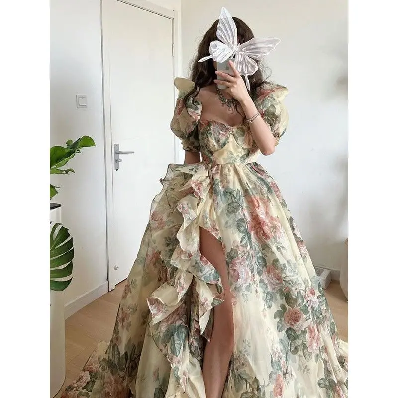 

2023 Summer Elegant Evening Party Dress Short Puff Sleeve Khaki Print Organza Women Floor-Length Overlength Princess Long Dress