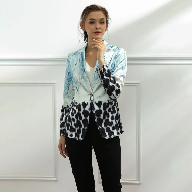 Women 2021 Vintage Feather Plaid Stitching Blazer Elgant Leopard Print Patchwork Single Button Coat Spring Quality Blazer Jacket