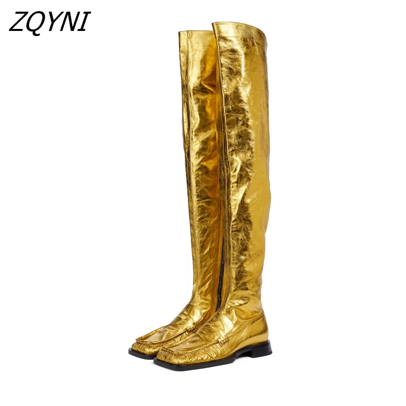 

Square toe over knee boots women's Gold Brown Black zipper thick heel thick soled shoes women's large 34-43