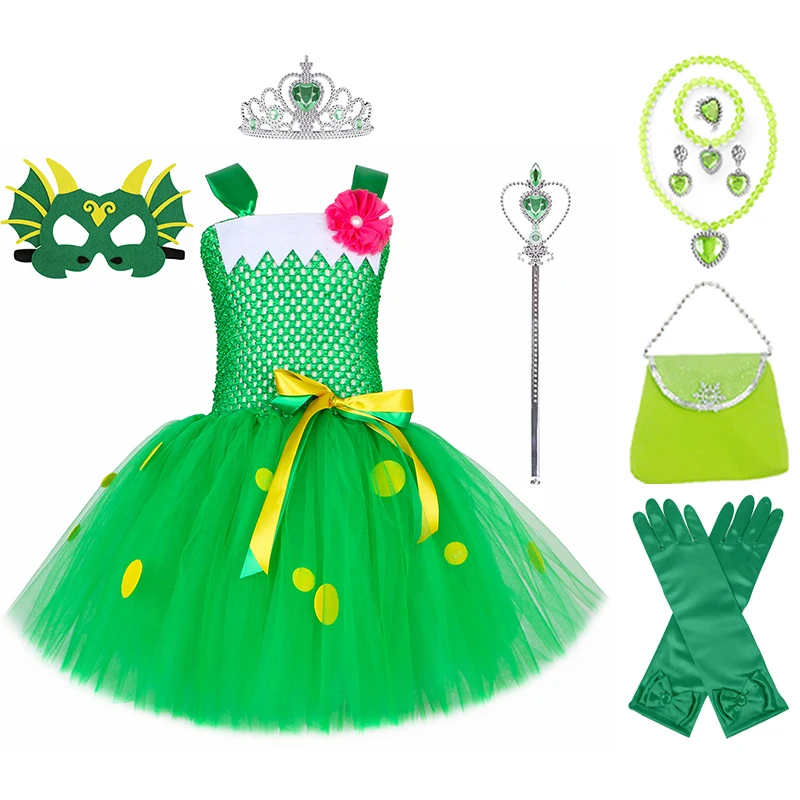 Милое зеленое Пышное Платье динозавра корона волшебная палочка сумка перчатка