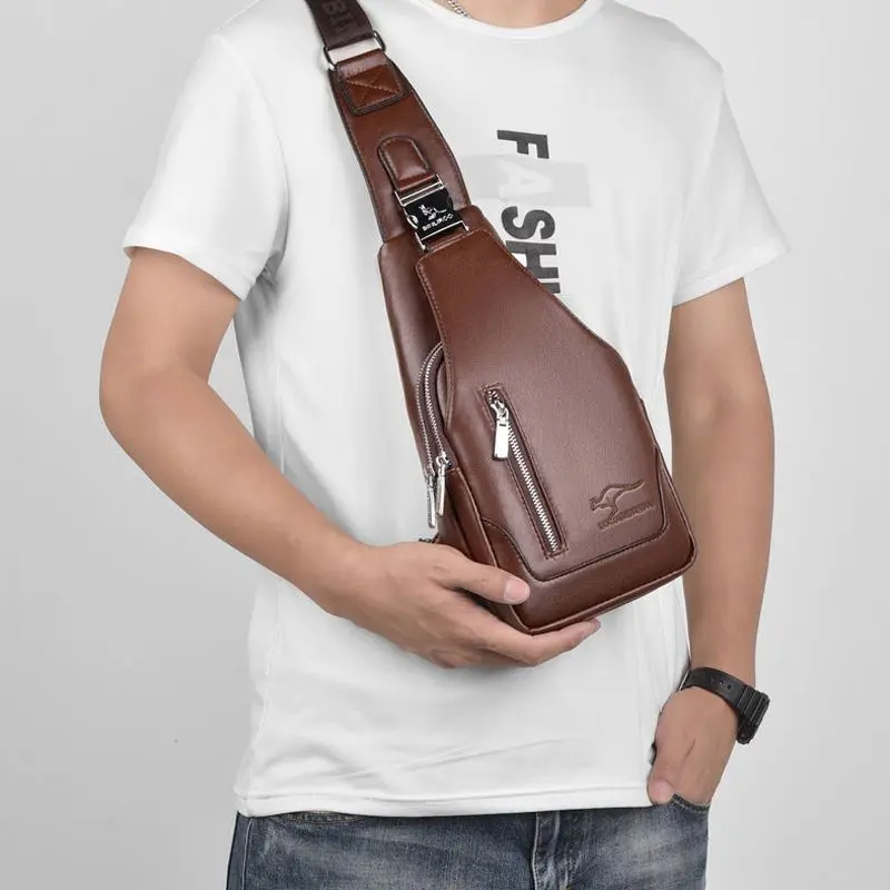 NEW  Men's Chest Bag Business Shoulder Bag PU Leather Handbag with USB Charging High-quality Retro Leisure Travel Shoulder Bag