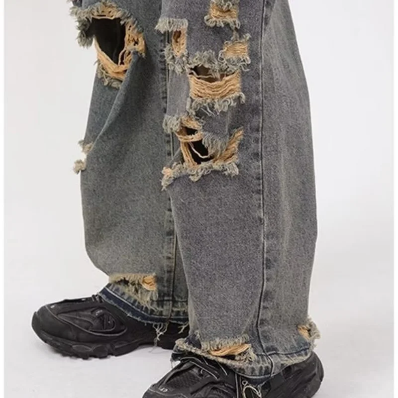 DEEPTOWN Ripped Punk Jeans Loose Casual Streetwear Distressed Denim Trousers Male Cowboy Pants Man Vintage Retro Hip Hop Hole
